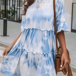 White Crew Neck Tie Dye Half Sleeve Dress