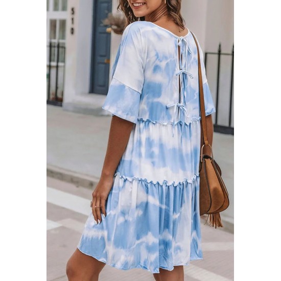 White Crew Neck Tie Dye Half Sleeve Dress