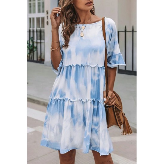 White Crew Neck Tie Dye Half Sleeve Dress