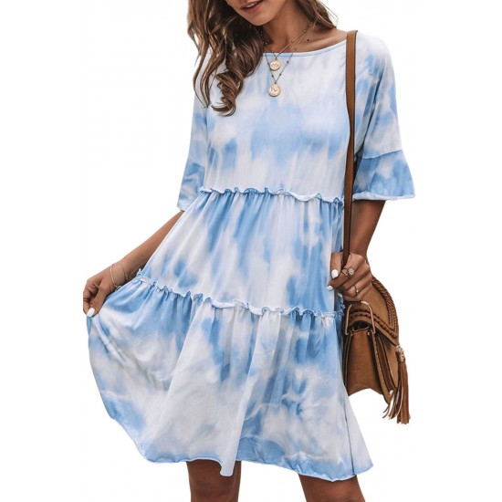 White Crew Neck Tie Dye Half Sleeve Dress