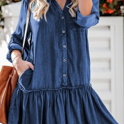 Pocketed Ruffled Denim Shirt Mini Dress