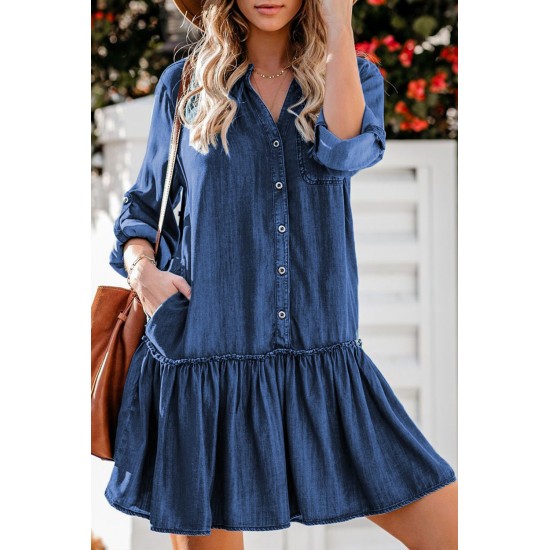 Pocketed Ruffled Denim Shirt Mini Dress