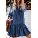 Pocketed Ruffled Denim Shirt Mini Dress