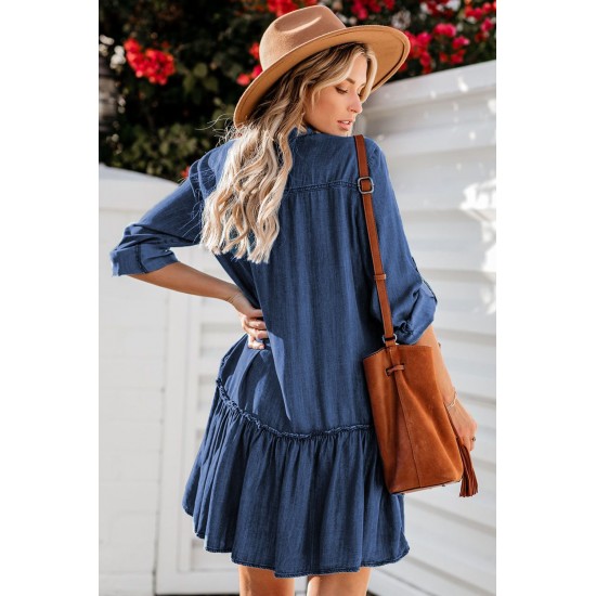 Pocketed Ruffled Denim Shirt Mini Dress