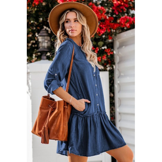 Pocketed Ruffled Denim Shirt Mini Dress