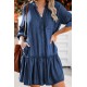 Pocketed Ruffled Denim Shirt Mini Dress