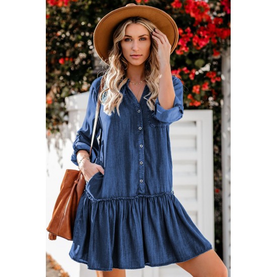 Pocketed Ruffled Denim Shirt Mini Dress