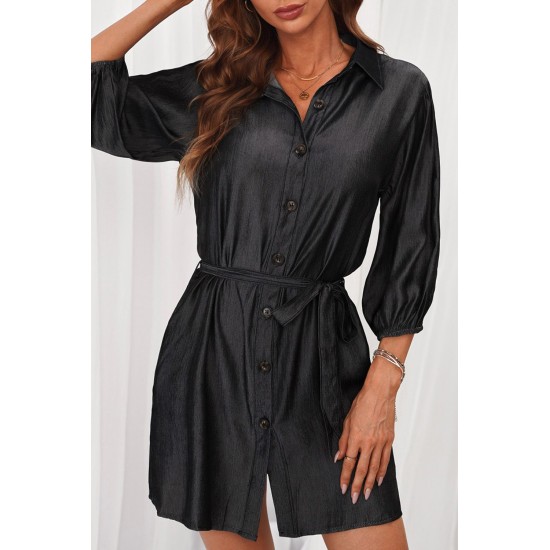 Black Buttoned Tie Waist Denim Shirt Mini Dress