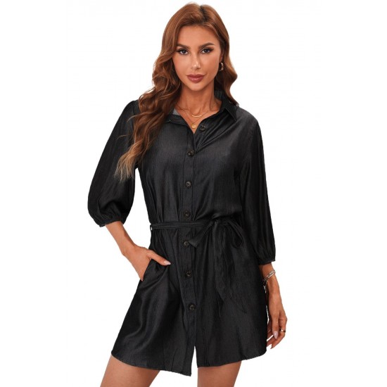 Black Buttoned Tie Waist Denim Shirt Mini Dress