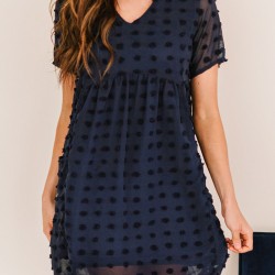 Dark V Neck Pompom Babydoll Style Short Sleeves Flowy Mini Dress