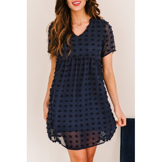 Dark V Neck Pompom Babydoll Style Short Sleeves Flowy Mini Dress