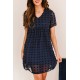 Dark V Neck Pompom Babydoll Style Short Sleeves Flowy Mini Dress