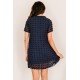 Dark V Neck Pompom Babydoll Style Short Sleeves Flowy Mini Dress