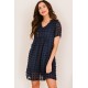 Dark V Neck Pompom Babydoll Style Short Sleeves Flowy Mini Dress