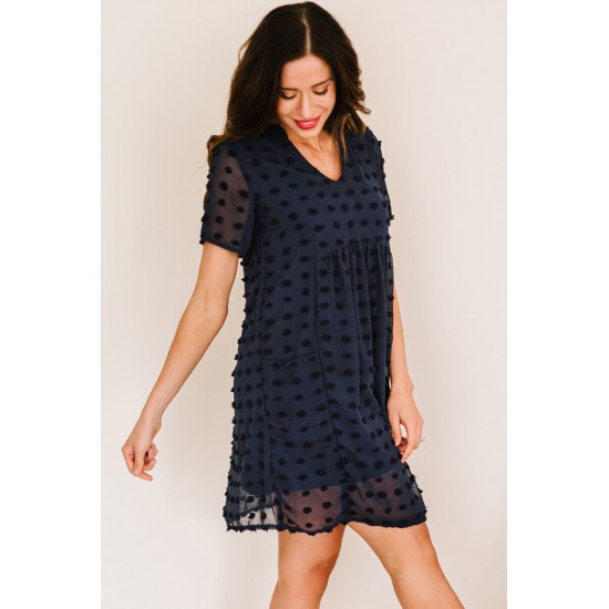 Dark V Neck Pompom Babydoll Style Short Sleeves Flowy Mini Dress