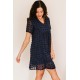 Dark V Neck Pompom Babydoll Style Short Sleeves Flowy Mini Dress