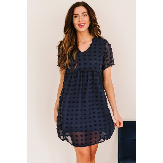 Dark V Neck Pompom Babydoll Style Short Sleeves Flowy Mini Dress