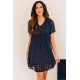 Dark V Neck Pompom Babydoll Style Short Sleeves Flowy Mini Dress