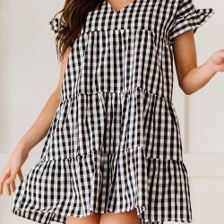 Black Ruffled Short Sleeves Plaid Print Tiered Swing Dress