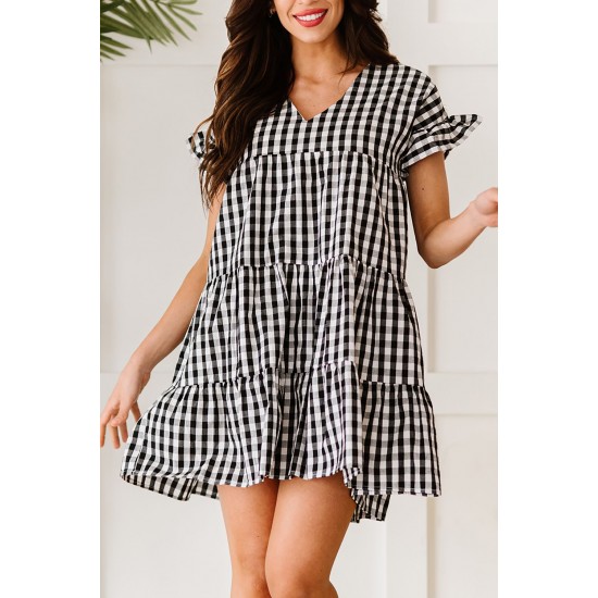 Black Ruffled Short Sleeves Plaid Print Tiered Swing Dress