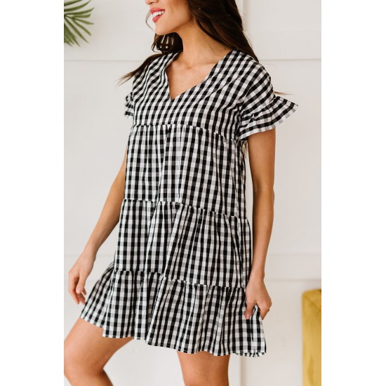 Black Ruffled Short Sleeves Plaid Print Tiered Swing Dress