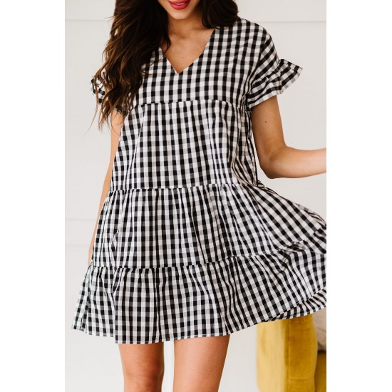 Black Ruffled Short Sleeves Plaid Print Tiered Swing Dress