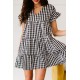 Black Ruffled Short Sleeves Plaid Print Tiered Swing Dress