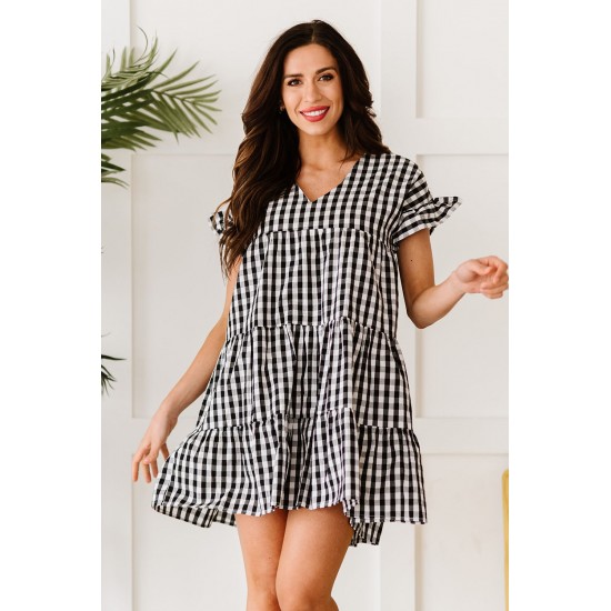 Black Ruffled Short Sleeves Plaid Print Tiered Swing Dress