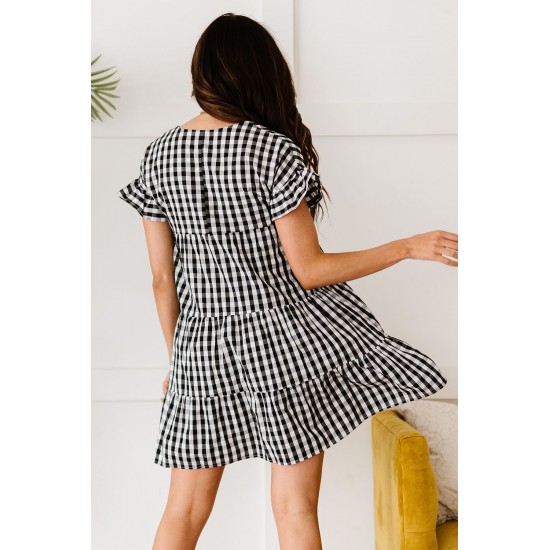 Black Ruffled Short Sleeves Plaid Print Tiered Swing Dress