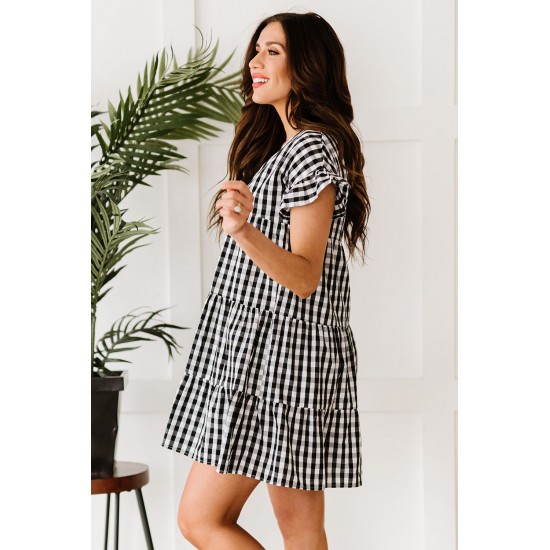 Black Ruffled Short Sleeves Plaid Print Tiered Swing Dress