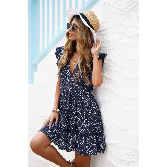 Navy Printed Sleeveless Tiered Mini Dress