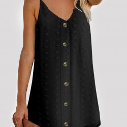 Black Swiss Dot Buttons Spaghetti Strap Mini Dress