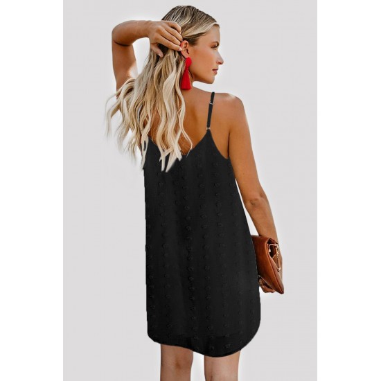 Black Swiss Dot Buttons Spaghetti Strap Mini Dress