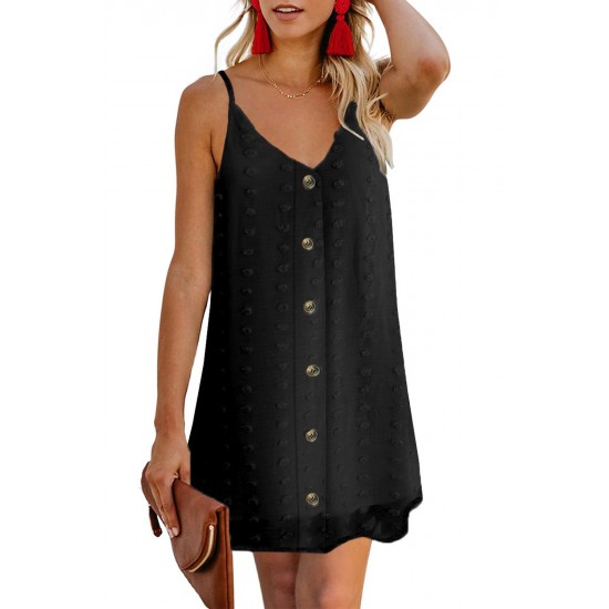 Black Swiss Dot Buttons Spaghetti Strap Mini Dress