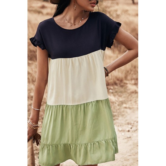 Green Loose Fit Ruffled Color Block Dress