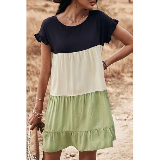 Green Loose Fit Ruffled Color Block Dress