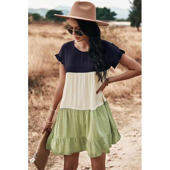 Green Loose Fit Ruffled Color Block Dress