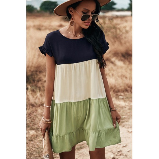 Green Loose Fit Ruffled Color Block Dress