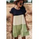 Green Loose Fit Ruffled Color Block Dress