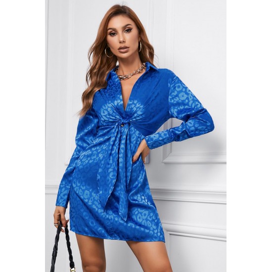 Blue Leopard Print Tie Knot Satin Mini Dress