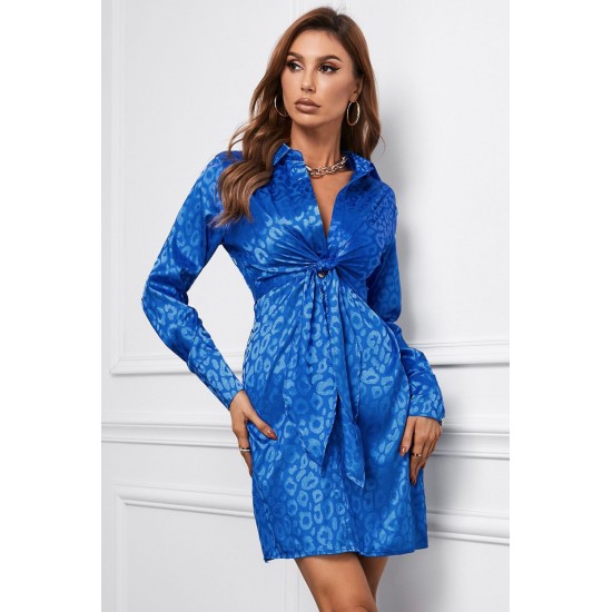 Blue Leopard Print Tie Knot Satin Mini Dress