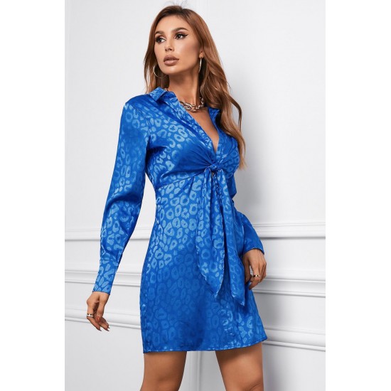 Blue Leopard Print Tie Knot Satin Mini Dress