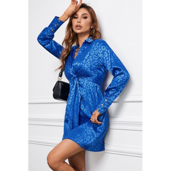 Blue Leopard Print Tie Knot Satin Mini Dress