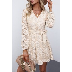 Apricot Wrap-V-Neck Belted Crochet Lace Mini Dress