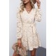 Apricot Wrap-V-Neck Belted Crochet Lace Mini Dress