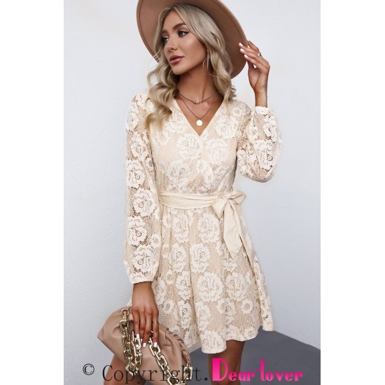 Apricot Wrap-V-Neck Belted Crochet Lace Mini Dress