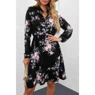 Black Floral Print Elastic Waist Button Mini Dress