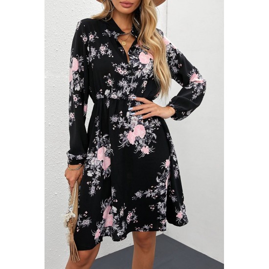 Black Floral Print Elastic Waist Button Mini Dress