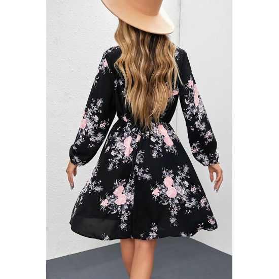 Black Floral Print Elastic Waist Button Mini Dress