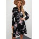 Black Floral Print Elastic Waist Button Mini Dress